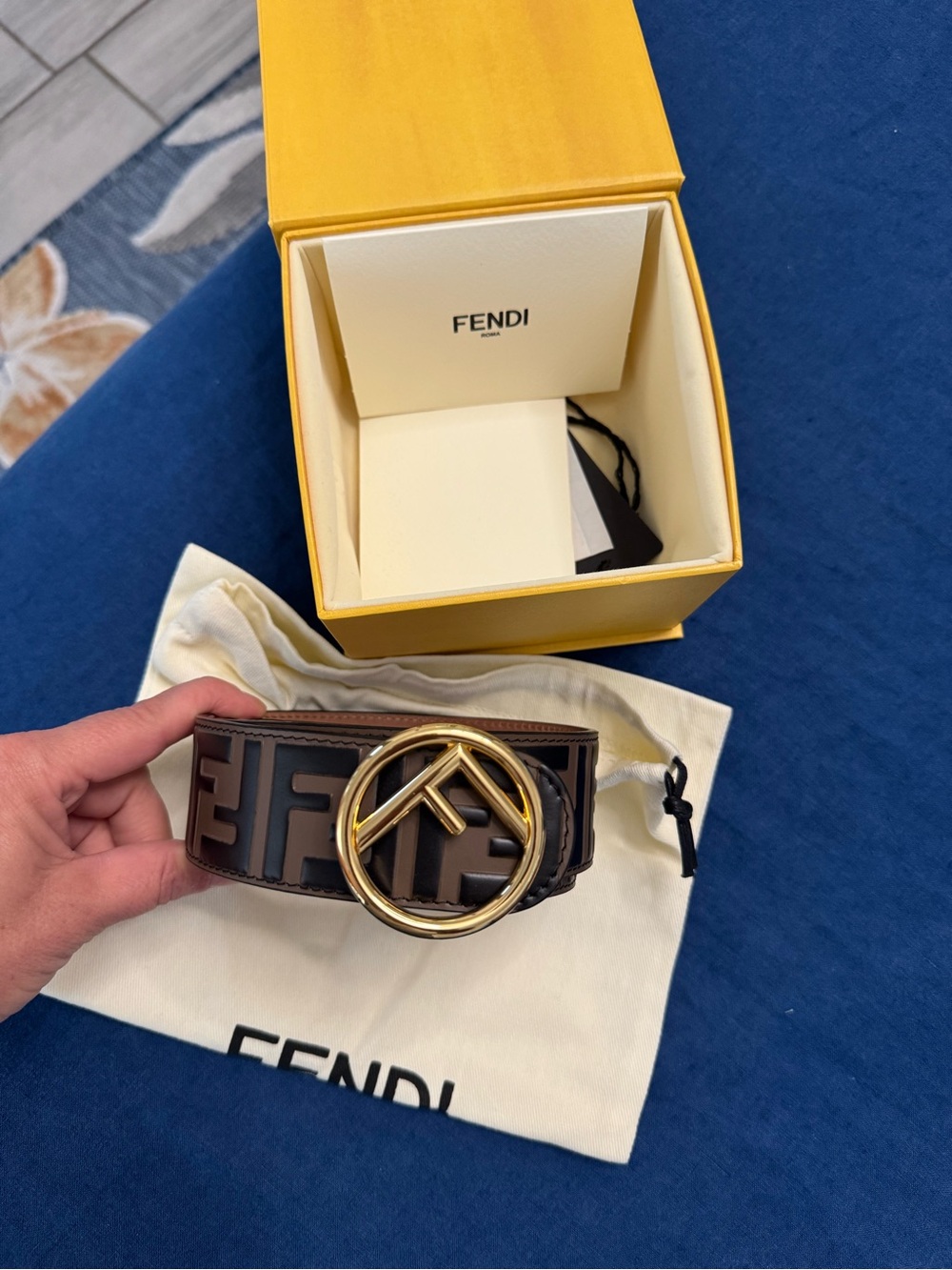 Fendi Brown Leather FF-Embossed Belt with Gold Round Logo Buckle